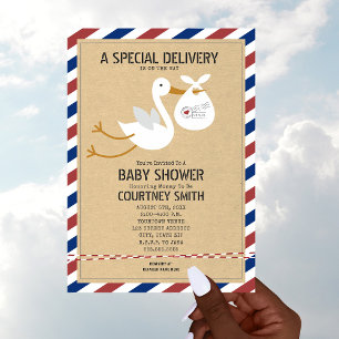 Air Mail Special Delivery Stork Unisex Baby shower Kaart