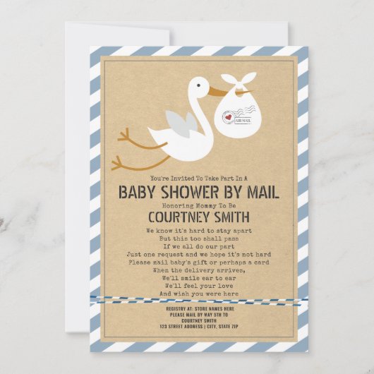 Air Mail Stork Blue Boy Baby shower per post Kaart (Voorkant)