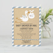Air Mail Stork Blue Boy Baby shower per post Kaart (Staand voorkant)