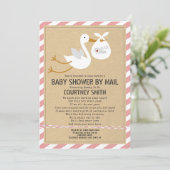 Air Mail Stork Pink Baby shower per post Kaart (Staand voorkant)
