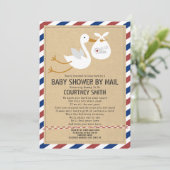 Air Mail Stork Red Blue Baby shower per post Kaart (Staand voorkant)