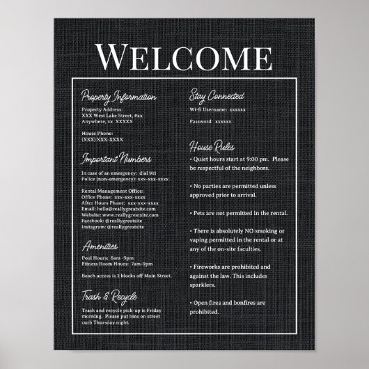 Airbnb Vacation Rental Guest Information Sign Poster (Voorkant)