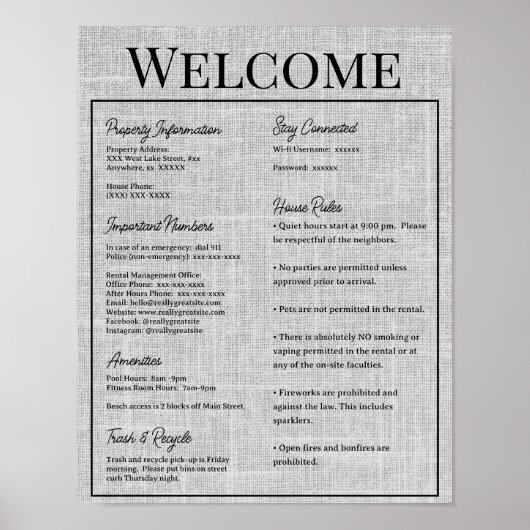 Airbnb Vacation Rental Guest Information Sign Poster (Voorkant)