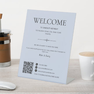 Airbnb Welkom Vakantiewoning Huur QRCode Lichtblau Reclamebord Met Voetstuk