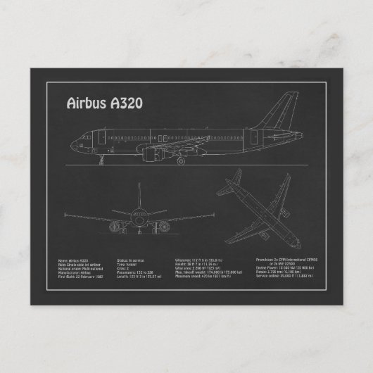Airbus A320 - Vliegtuigblauwdruk Tekenplannen PD Briefkaart (Voorkant)