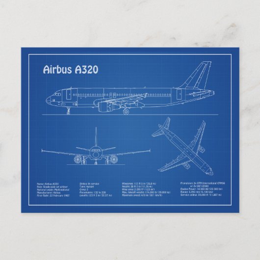 Airbus A320 - Vliegtuigblauwdruk-tekentafels AD Briefkaart (Voorkant)