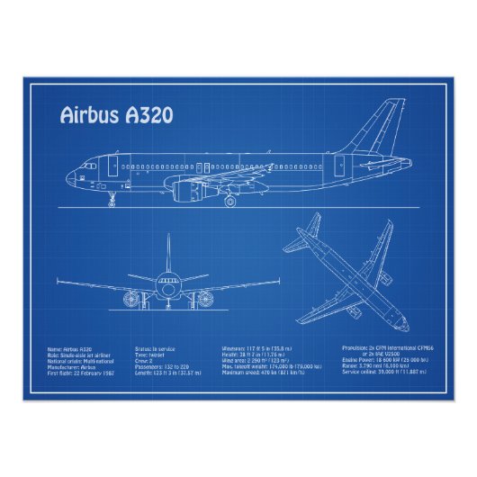 Airbus A320 - Vliegtuigblauwdruk-tekentafels AD Foto Afdruk (Voorkant)