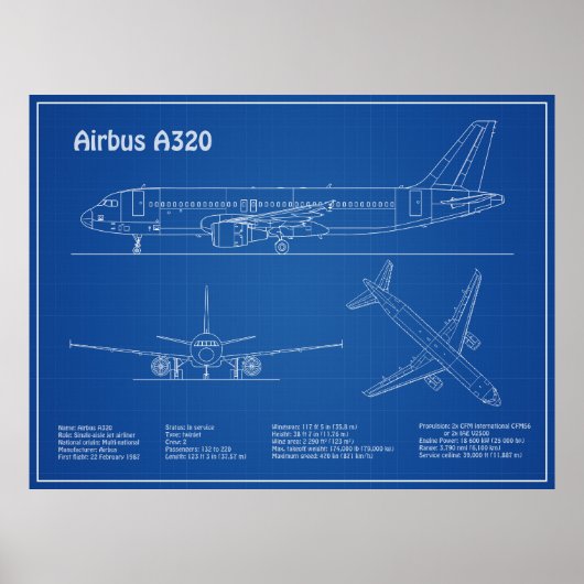 Airbus A320 - Vliegtuigblauwdruk-tekentafels AD Poster (Voorkant)