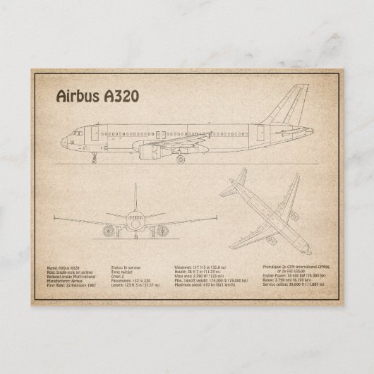 Airbus A320 - Vliegtuigblauwdruk-tekentafels SD Briefkaart (Voorkant)