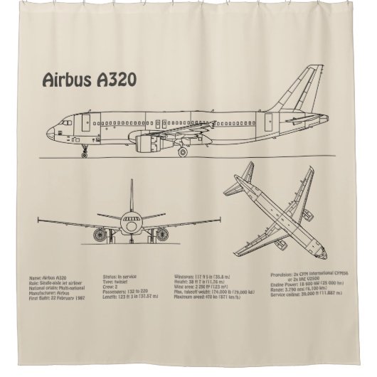 Airbus A320 - Vliegtuigblauwdruk-tekentafels SD Douchegordijn (Voorkant)