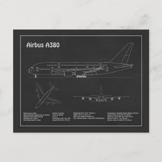Airbus A380 - Vliegtuigblauwdruk Tekenplannen PD Briefkaart (Voorkant)