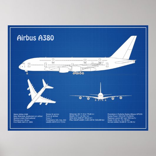 Airbus a380 - Vliegtuigblauwdruktekeningen ABD Poster (Voorkant)
