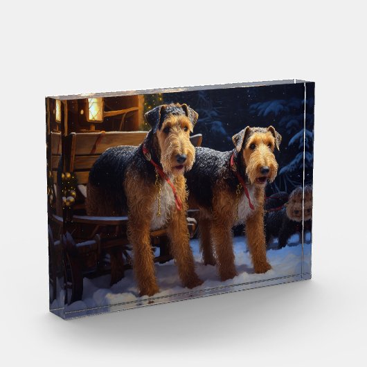 Airedale Besneeuwde slee-rit Kerstdecoratie Fotoblokken (Links)