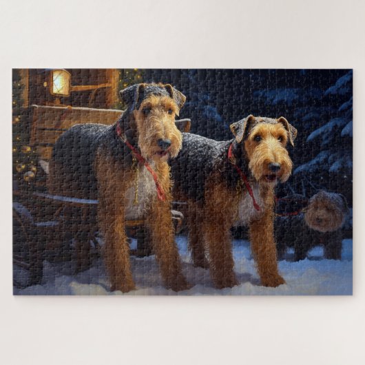 Airedale Besneeuwde slee-rit Kerstdecoratie Legpuzzel (Horizontaal)