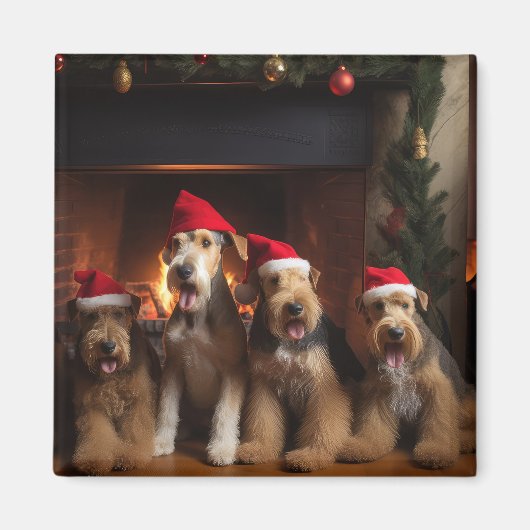 Airedale bij de Haard Kerst  Magneet (Voorkant)