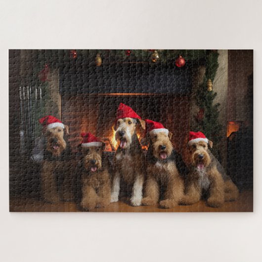 Airedale bij de Haard Kerstmis Legpuzzel (Horizontaal)