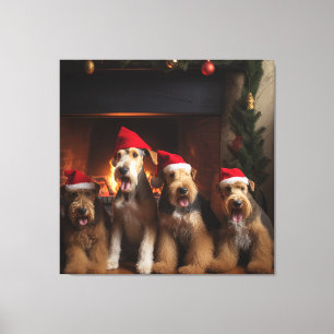 Airedale bij de open haard Kerstmis Canvas Afdruk