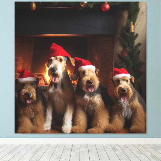 Airedale bij de open haard Kerstmis Canvas Afdruk (Insitu (Houten vloer))
