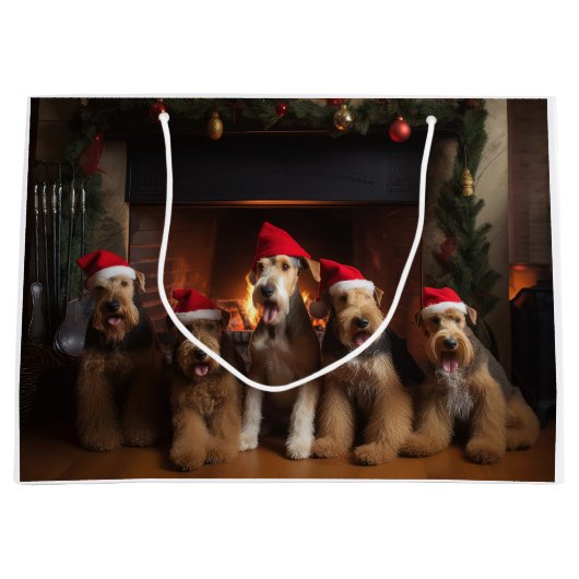 Airedale bij de open haard Kerstmis Groot Cadeauzakje (Voorkant)