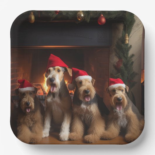 Airedale bij de open haard Kerstmis Papieren Bordje (Voorkant)