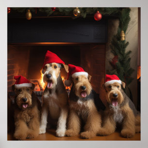Airedale bij de open haard Kerstmis Poster
