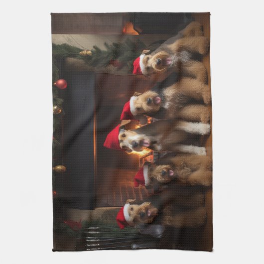 Airedale bij de open haard Kerstmis Theedoek (Verticaal)