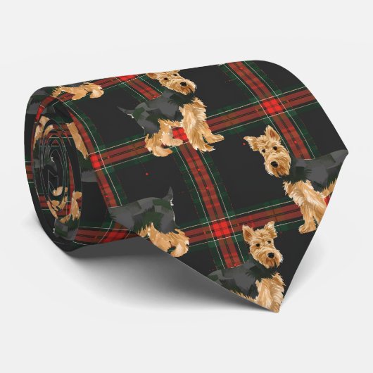 Airedale Christmas Plaid Pattern Rood Groen Stropdas (Opgerold)