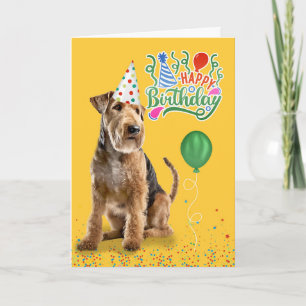 Airedale Dog in Party Pet op Geel Verjaardag Kaart