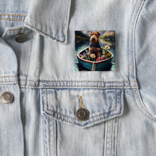 Airedale Dog op een peddel: een Schilderachtig avo Vierkante Button 5,1 Cm (In situ)