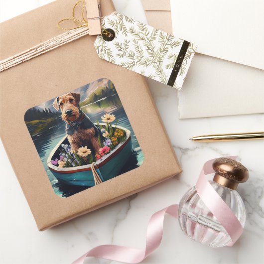 Airedale Dog op een peddel: een Schilderachtig avo Vierkante Sticker (Geschenken)