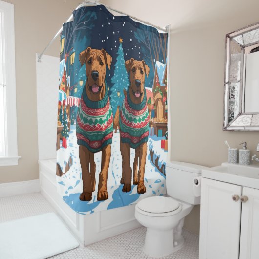 Airedale Dogs Christmas Snow Holiday Douchegordijn (In situ)