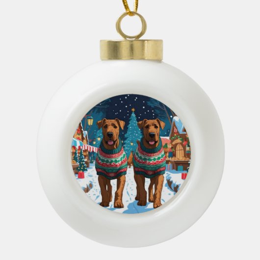 Airedale Dogs Christmas Snow Holiday Keramische Bal Ornament (Voorkant)