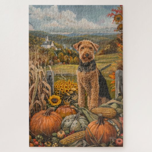 Airedale Herfst Oogst Dankdag Hond Legpuzzel (Verticaal)