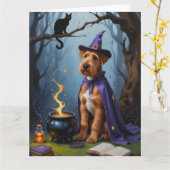 Airedale hond grillig Halloween schilderij Kaart (Gele Bloem)