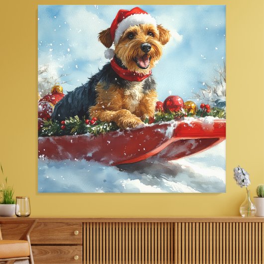 Airedale Hond in Sledge Laat het Sneeuw Kerstmis Canvas Afdruk (Insitu (Woonkamer))