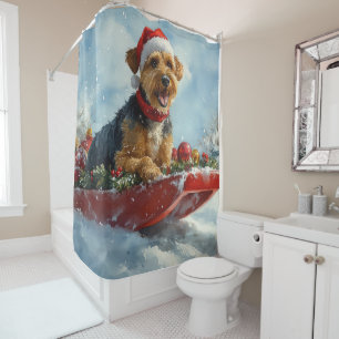 Airedale Hond in Sledge Laat het Sneeuw Kerstmis Douchegordijn