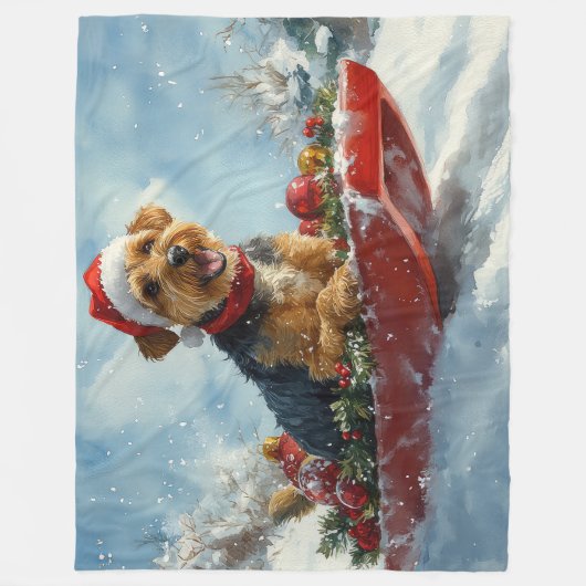 Airedale Hond in Sledge Laat het Sneeuw Kerstmis Fleece Deken (Voorkant)
