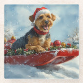 Airedale Hond in Sledge Laat het Sneeuw Kerstmis Glazen Onderzetter (Voorkant)