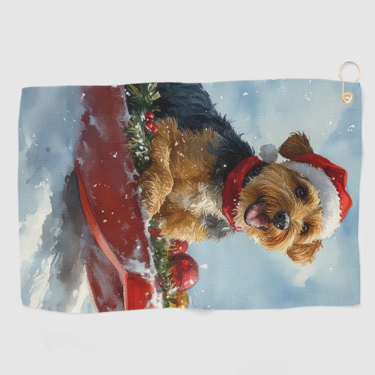Airedale Hond in Sledge Laat het Sneeuw Kerstmis Golfhanddoek (Horizontaal)