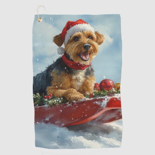 Airedale Hond in Sledge Laat het Sneeuw Kerstmis Golfhanddoek (Voorkant)