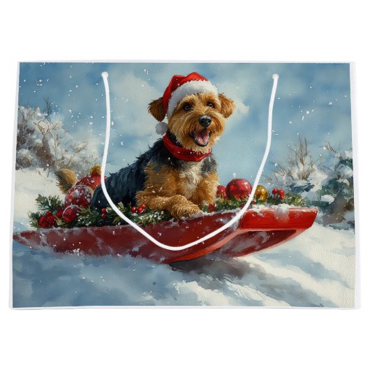 Airedale Hond in Sledge Laat het Sneeuw Kerstmis Groot Cadeauzakje (Voorkant)