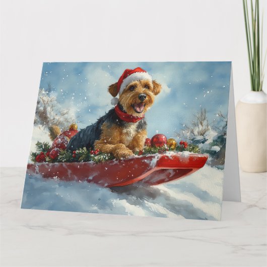 Airedale Hond in Sledge Laat het Sneeuw Kerstmis Kaart (Voorkant)