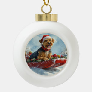 Airedale Hond in Sledge Laat het Sneeuw Kerstmis Keramische Bal Ornament