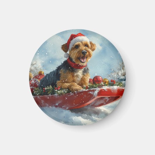 Airedale Hond in Sledge Laat het Sneeuw Kerstmis Magneet (Voorkant)