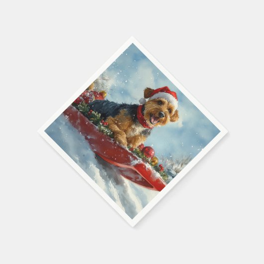 Airedale Hond in Sledge Laat het Sneeuw Kerstmis Servet (Hoek)