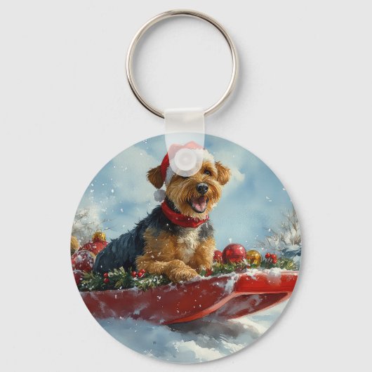Airedale Hond in Sledge Laat het Sneeuw Kerstmis Sleutelhanger (Voorkant)