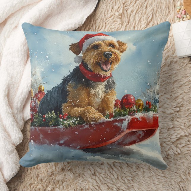 Airedale-hond in slee laat het sneeuwen Kerstmis Kussen (Deken)