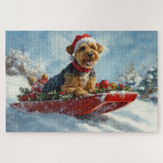 Airedale-hond in slee laat het sneeuwen Kerstmis Legpuzzel (Horizontaal)