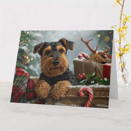 Airedale Hond Kerst Feestelijk Kaart (Gele Bloem)