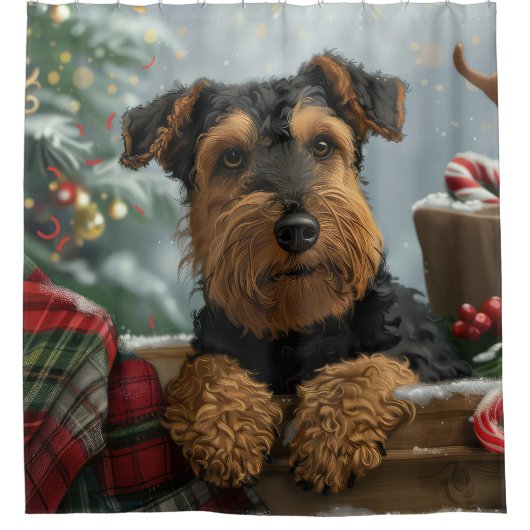 Airedale Hond Kerstfeest Douchegordijn (Voorkant)